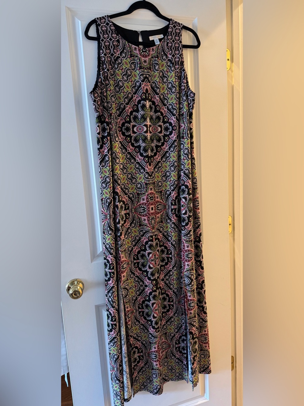 London Times Black Maxi Dress with Pink & Green Pattern that just flows